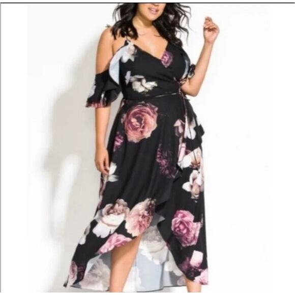 City Chic Maxi Grandi Flora Dress 18 Flowy Cold-Shoulder HiLo Zip Rose Graphic - Picture 8 of 8